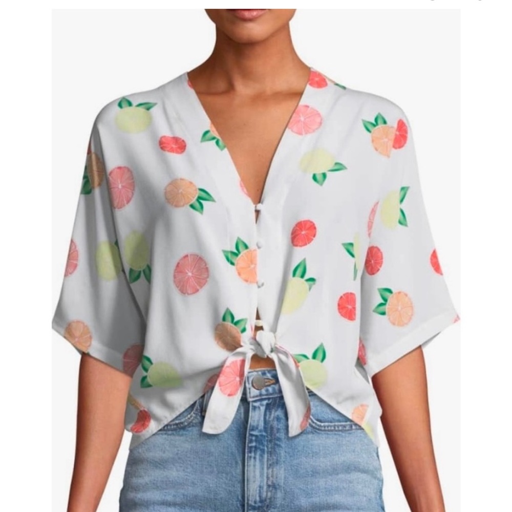[Rails] Thea Citrus-Print Silk Tie-Front Top